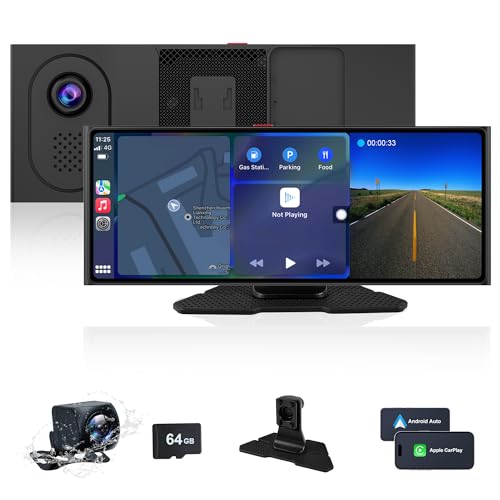 10,26 Zoll (25,6 cm) Car Play, tragbar Android Auto Display, Auto-Recorder vorne 4 K & Rückfahrkamera 1080P, BT/FM/AUX/Mirror Link, Voice Control/Karte 64 G TF