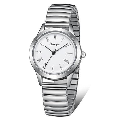 BOSHIYA-Womens-Stretch-Band-Watch-Easy-Reader-30mm-Analog-Quartz-with-Stainless-Steel-Elastic-Strap-Waterproof-Ladies-Wristwatch-GoldSilver