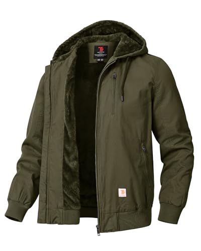 donhobo Men's Winter Outdoor Fleece Lining Jackets Full Zip Hiking Winter Coat with Hood Warm Work Coats for Men Casual Jacket for Running Cycling Hunting Fishing(Army green, M)
