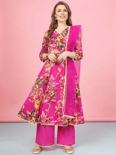 Image of A.T.U.N. (ALL THINGS UBER NICE) Womens Floral Printed Angrakha Pure Cotton Kurta with Palazzos & Dupatta Set | Traditional Ethnic Wear Clothing Set