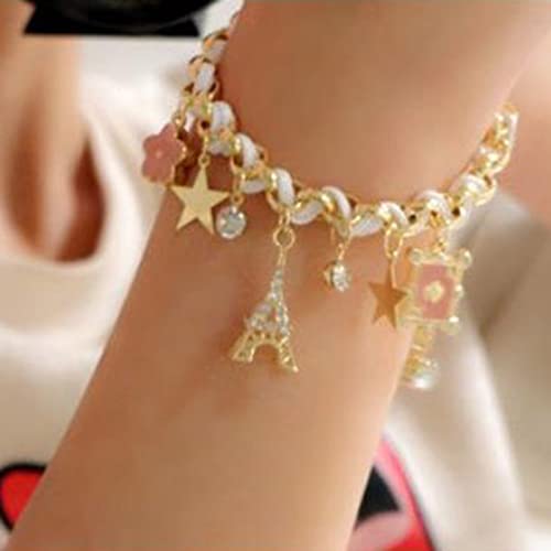 Aneneiceera Bracelet Simple Tour Eiffel Or Strass Étoiles Cz Chaîne Manuelle Fleurs Boho Bracelets Corde Chanvre Blanc Cartes À Jouer Cristaux Chaîne Manuelle Bijoux Cadeaux Pour Femmes Adolescentes Cover