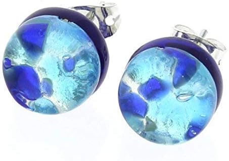 Glass Of Venice Murano Glass Earrings Studs - 3/8-Inch Round Stud Earrrings Blue Lined with Silver Leaf. Blown Glass - Murano Glass Earrings for Women Handmade in Italy