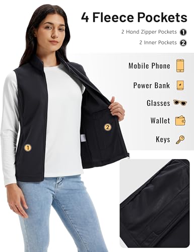 TACVASEN Fleece Vest Damen Outdoor Ärmellos Jacke Warm Fleeceweste Standkragen mit Reißverschlusstaschen Sportweste Schwarz L