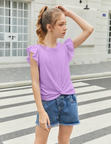 Image of Arshiner Girls Shirt - Short-Sleeve Twist Front T-Shirt for Girls with Cute Flying Sleeves - Summer Blouse Tunic Tee Tops