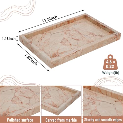 Image of Marble Bathroom Tray,Pure Natural Vanity Tray,Marble Trays for Kitchen Counter Non-Ceramic /Non-Resin,Stone Tray 12 x 8 inch (Pink)