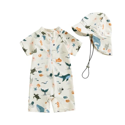 Hnyenmcko Infant Baby Boy Girls Rash Guard Swimsuit Short Sleeve Zipper Bathing Suit Toddler One Piece Swimwear Sunsuit (Fi-Beige AS, 6-12 Months)