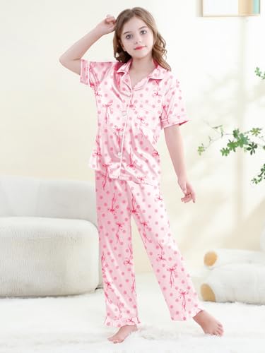 QZH.DUAO Silk Satin Pajamas Set Girls 2 Piece Pj Sets Ruffle Short Sleeve Sleepwear Soft Button Down Loungewear for Kids4