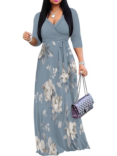 Image of SUZONANA Plus Size Dresses for Women Floral Print Maxi Dress Flowy 3 /4 Sleeve with Belt