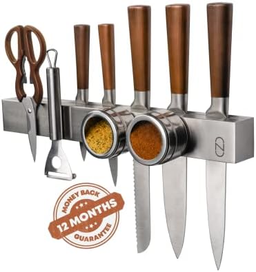Premium 16 Inch Magnetic Knife Holder for Refrigerator with Double Storage - Stainless Steel Double Sided Magnetic Kitchen Knife Holder for Fridge - Knife Magnetic Strip, Knife Organizer, Magnet Bar