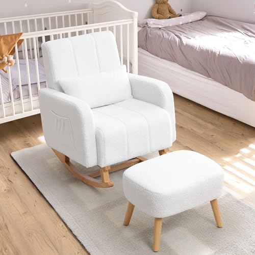 Image of HCHAIRH Rocking Chair with Ottoman, Upholstered Glider Rocker with High Backrest and Side Pocket, Comfy Reading Chair with Solid Wood Legs for Nursery, Living Room,Bedroom White