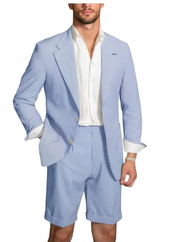 Mens Seersucker Suit 2 Piece Slim Fit Jacket Shorts Set for Wedding Business Casual Summer Beach Outfits