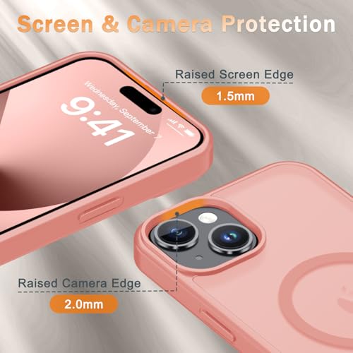 Image of YENAPOON for iPhone 15 Case, iPhone 14 /13 Case, Matte Magnetic Phone Cover [with 1 Screen Protector] [Support for MagSafe] [Shockproof Military Grade Protection] Translucent Frosted Back, Pink