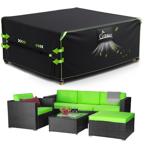 UIRWAY Capa para móveis de jardim impermeável com ventilação, 200 x 200 x 90 cm, cobertura para móveis de pátio ao ar livre, cobertura para mesa de jardim resistente de 420D com tiras refletoras