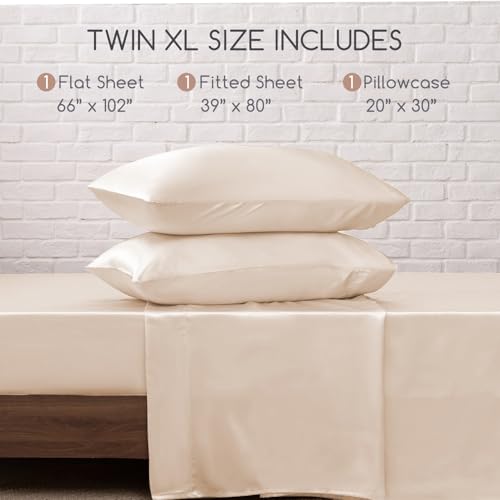 Image of MR&HM Satin Bed Sheets, Twin XL Size Sheets Set, 3 Pcs Silky Bedding Set with 15 Inches Deep Pocket for Mattress (Twin XL, Beige)