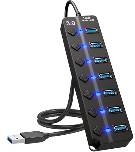 7-Port USB Hub 3.0 &ndash; USB Verteiler Multiport Adapter mit EIN/AUS Schalter und LED Anzeigen &ndash; USB Hub Splitter fur PC, Laptop, MacBook, USB Stick, Externe Festplatten und mehr