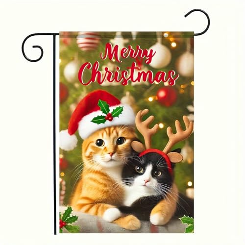 Image of BlissYard Christmas Cat Garden Flag 12x18 Inch Polyester | Double sided polyester, Christmas two cats reindeer hats design, cozy cat lover decor for holiday porch and yard