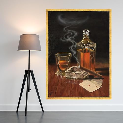Tableau nature morte classique haut de gamme impression whisky et cigares fumés
