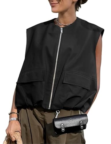 Womens Casual Zip Up Cargo Vest Top Oversized Lightweight Ruched Hem Sleeveless Blazer Jackets Vest Tops3