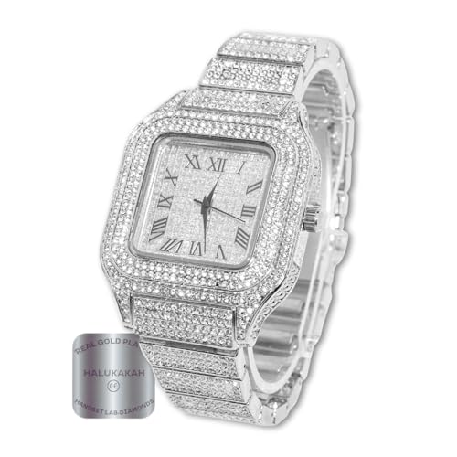 Halukakah Men's Watch - The King - Platinum Plated, 40MM Square Dial, Iced Out Wristband, Comes in Giftbox,Gift for Men Son Husband
