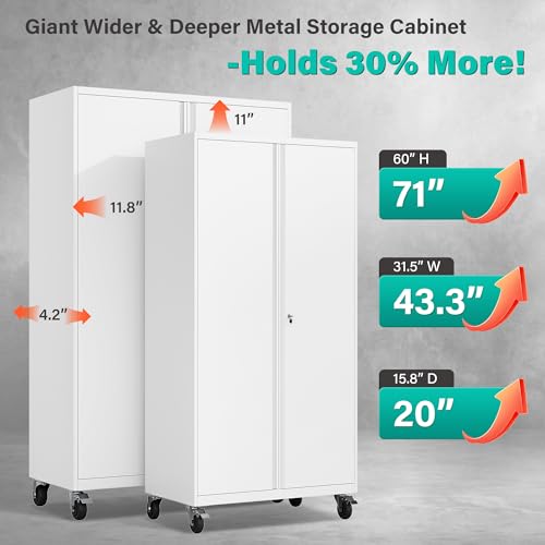 Image of SISESOL White Wide & Deep Metal Storage Cabinet with Wheels,Tall Rolling Garage Storage Cabinet with Lock,Black Metal Cabinets with Shelves and Pegboards,Tool Locker for Garage,Home,Office
