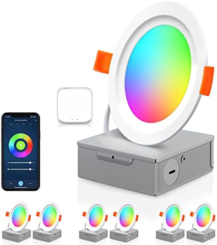 Smart Recessed Lighting, 4 inch 6 Pack RGB LED Recessed Light IC Rated ETL, 10W 800LM Downlight with J-Box, Group Control Dimmable Color Changing with Warm & Cool White Work with Alexa/Google/Siri