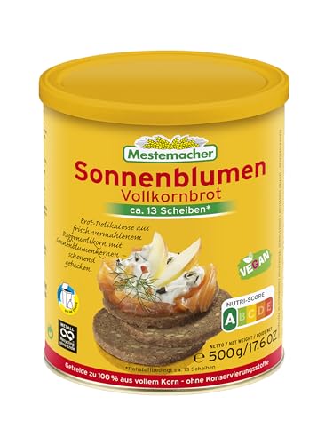 Mestemacher Westfälisches Sonnenblumen Vollkornbrot ohne Kruste in der Dose extra lange haltbar perfekt für Vorrat Reiseproviant vegan Nutri Score A 13 Scheiben 500g