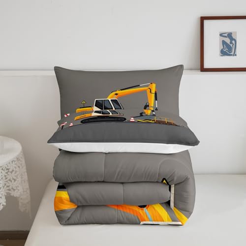 Image of Feelyou Excavator Comforter Set Boys Cute Vehicles Truck Car Print Bedding Set Kids Cartoon Machinery Cars Comforter for Children Teens Room Decor Construction Site Duvet Set Twin Size