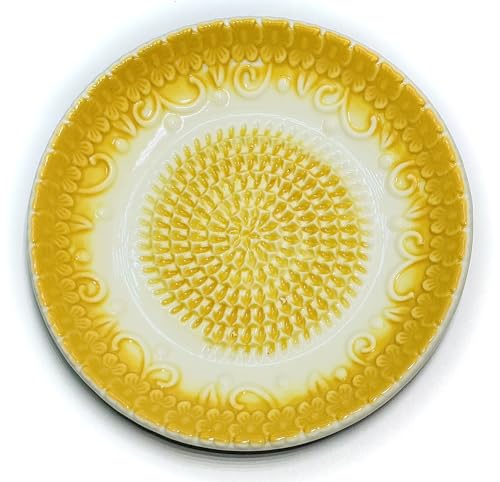 BonCera, All-in-one Premium Ceramic Garlic Grater Plate 4-Piece Set - Yellow Embossed Design and Style - For Garlic, Ginger, Chocolate, and more! - Comes with 5.25