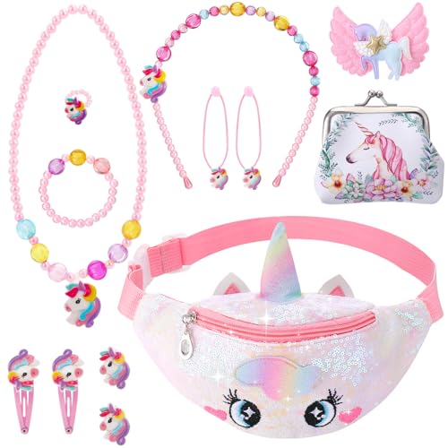 Yamitora Einhorn Geschenke für Mädchen 2 3 4 5 6 Jahre Einhorn Bauchtasche Schmuckset Einhor Spielzeug ab 3 Jahre Mädchen Kinderschmuck Set Gürteltasche Kinder
