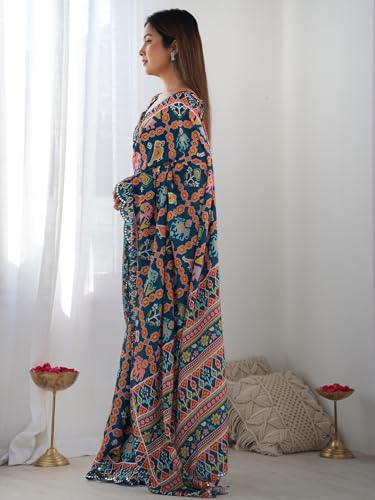 Image of Panzora Women's Chinon Printed Saree With Unstitched Blouse Piece