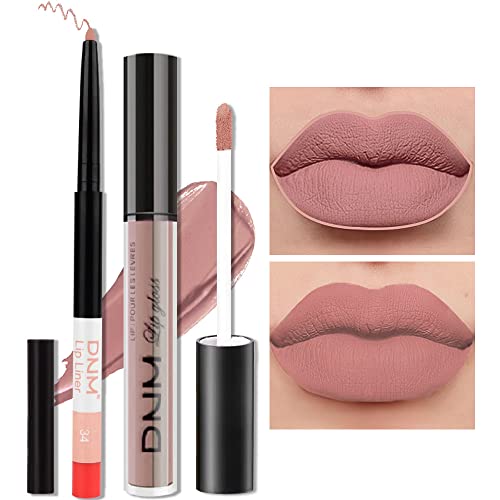 Amy's Diary 2Pcs Nude Matte Lip Liner And Lipstick Makeup Set, Liquid Lipstick 24H And Lip Liner Set Matt Lips Make Up Waterproof Long Lasting Lipstick Matte Kit(#34) #TOP19
