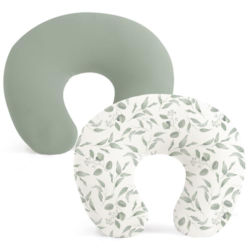 Image of Konssy 2 Pack Nursing Pillow Covers, Stretchy and Soft Nursing Cover for Breastfeeding Pillows, Pillow Slipcover for Baby Girls Boys Newborn (Green, Green Leaves)
