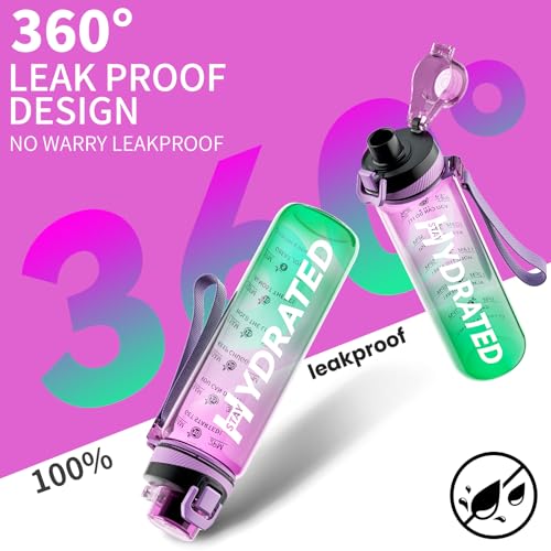 Mevoly Trinkflasche, 1L Wasserflasche Auslaufsicher BPA-Frei aus Tritan, 1 Liter Trinkflasche Sport mit Zeitmarkierung und Abnehmbare Schnürung, Flasche für Fitnessstudio, Oudoor, Gym, Schule