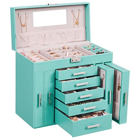 ANWBROAD Huge Jewelry Box Jewelry Organizer Case 6 Tier 40 Hooks Display Storage Holder with Lock Mirror Girls Jewelry Box Earrings Rings Necklaces Bracelets Gift Faux Leather UJJB018Q Cover