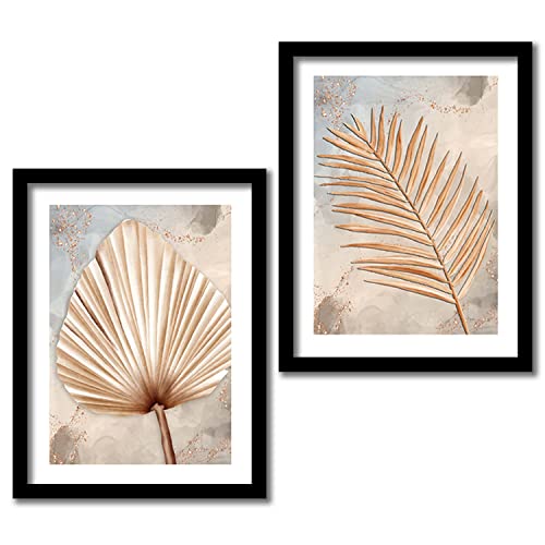 Image of kotart Golden Leaf Wall Decor Paintings for Home Office Living Room - Modern Art Wall Paintings with Frame Set of 2 (Art 5, 19x25 inch)