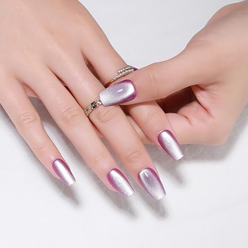 Medium Square Cat Eye Coffin Press on Nails, Lavender Purple Meta...