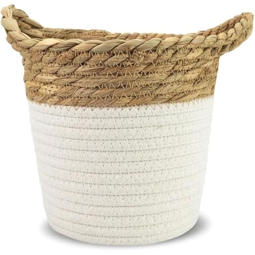 Panier de rangement Jean & Len, rond, en coton et jonc, polyvalent, pour serviettes, cosmétiques et petits ustensiles, solution de rangement décorative et...