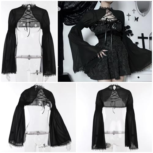 Image of Women Gothic Crop Top Shirt Y2K Black Bell Sleeve Shawl Cardigan