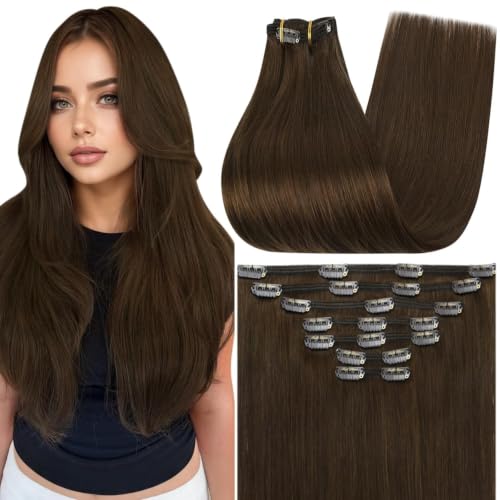Full Shine Clip in Hair Extensions Real Human Hair Warm Brown