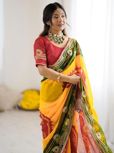 Image of Satrani Women's Georgette Bandhani Printed Embroidered gota lace Saree with Unstitched Blouse Piece