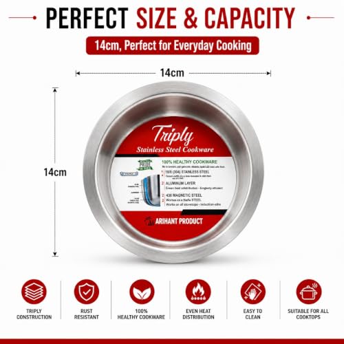 Image of Triply Stainless Steel Tope, Induction and Gas Stove Compatible, Heavy Duty Cookware Patila, 14 cm, Even Heat Distribution, Ideal for Boiling Milk, Cooking Rice, Dal and Everyday Use