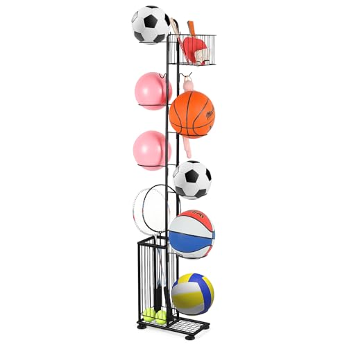 Soporte para bolas, 7 niveles Soporte De Bola Negro verticales de bala, estantería de almacenamiento para pelotas deportivas, organizador de para Baloncesto, Fútbol, Rugby, Voleibol, Fútbol (Negro)
