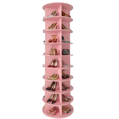 SpaceAid 9 Tier Rotating Shoe Rack Tower, Spinning Shoe Display Lazy Susan, Revolving 360 Shoe Rack Storage Round Carousel, Vertical Handbag Rotate Shoes Closet Organization (9-Tier Pink)