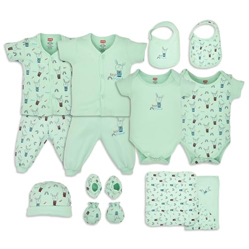 Image of LuvLap Newborn Baby Gift Set of 13, 2 Half Sleeve Jhabla, 2 Rompers, 2 Pyjama, Cap, Mittens, Socks, a washcloth, a Hooded Wrapper, 2 Bibs, Soft Skin Friendly Baby Clothes Set 0-3 Months, Sea Green