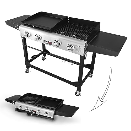 Royal-Gourmet-GD401-Portable-Propane-Gas-Grill-and-Griddle-Combo-with-Side-Table-4-Burner-Folding-LegsVersatile-Outdoor-Black-66-Inch