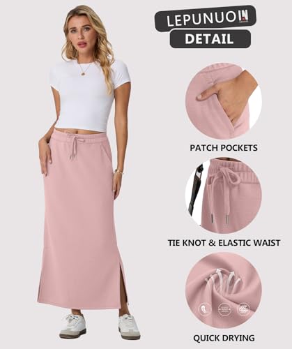 Image of Lepunuo Women's High Waisted Sweat Maxi Skirt with Pockets Slit | Ultra Soft Sweat Fabric, High Waist Drawstring, Deep Phone Pockets, Side Slit for Movement, Ideal for Lounge Travel