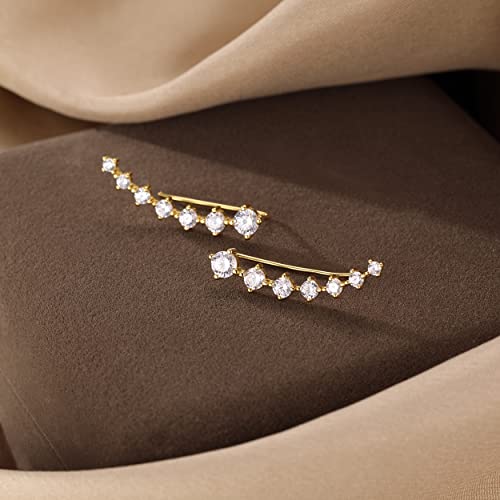 Reffeer Sterling Silver 7 Crystals Cuff Earrings Climber For Women Girls Cz Crawler Earrings Wraps (B-Gold) #TOP4