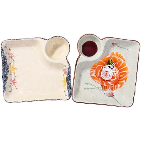 Whitenesser Sushi Plate Set of 2, Different Style Ceramic 7.4 Inch Dumpling Plates with Vinegar Dish Serving for Dumpling, Snack, and Other Food (japanese style yq) Cover