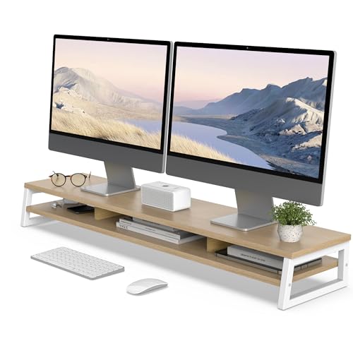 Image of Fenge Dual Monitor Stand for Desk, 42.5in Large Monitor Riser for 2 Monitors, 2 Tier Computer Office Desk Top Shelf, Desktop Storage Stand for Laptop, PC, Computer, Printer