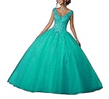 Natasha Girl's V-Neck Beading Lace Quinceanera Dresses Sweet 16 Appliques Prom Ball Gown 014 Turquoise